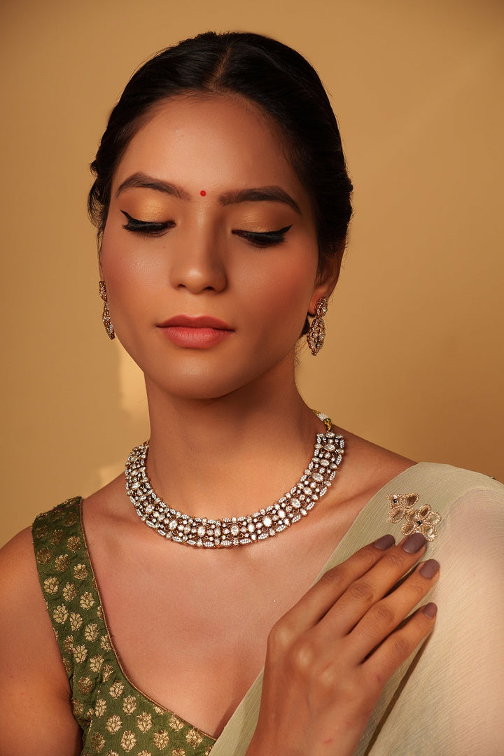 Two Tone Kundan Polki Necklace Set Zevar by Geeta - Fabilicious Fashion