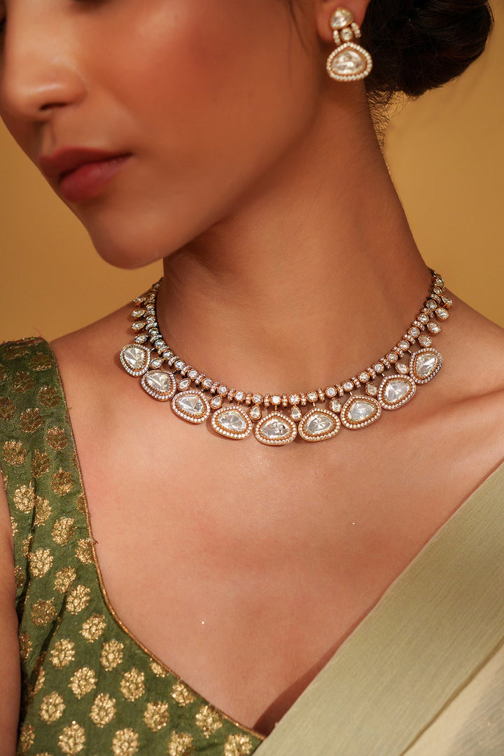 Two Tone Kundan Polki Necklace Set Zevar by Geeta - Fabilicious Fashion