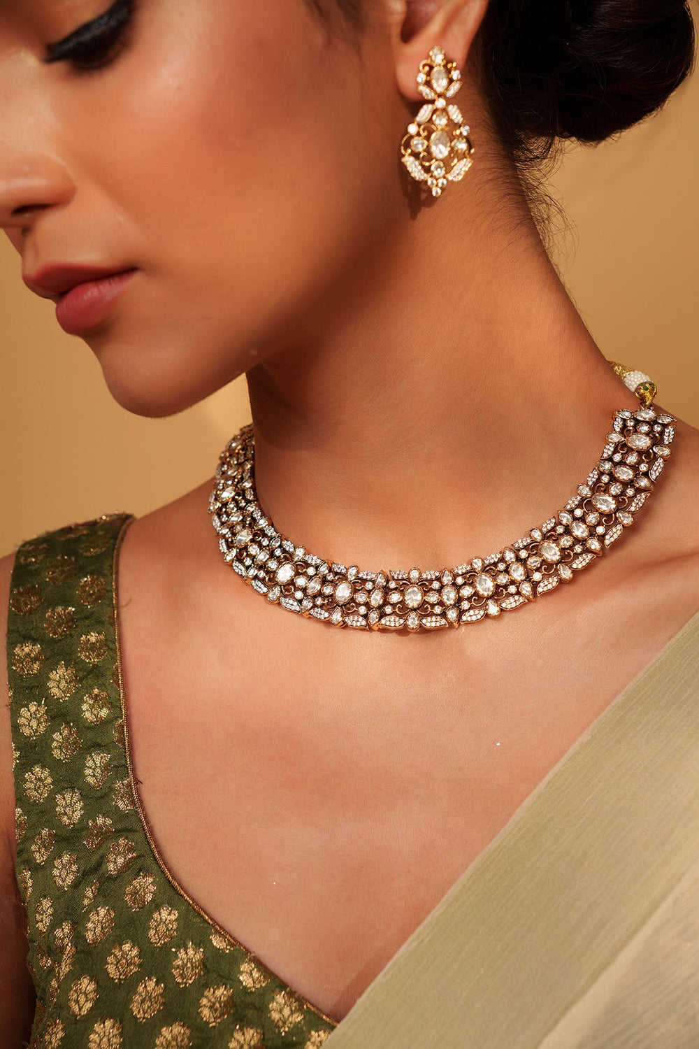 Two Tone Kundan Polki Necklace Set Zevar by Geeta - Fabilicious Fashion