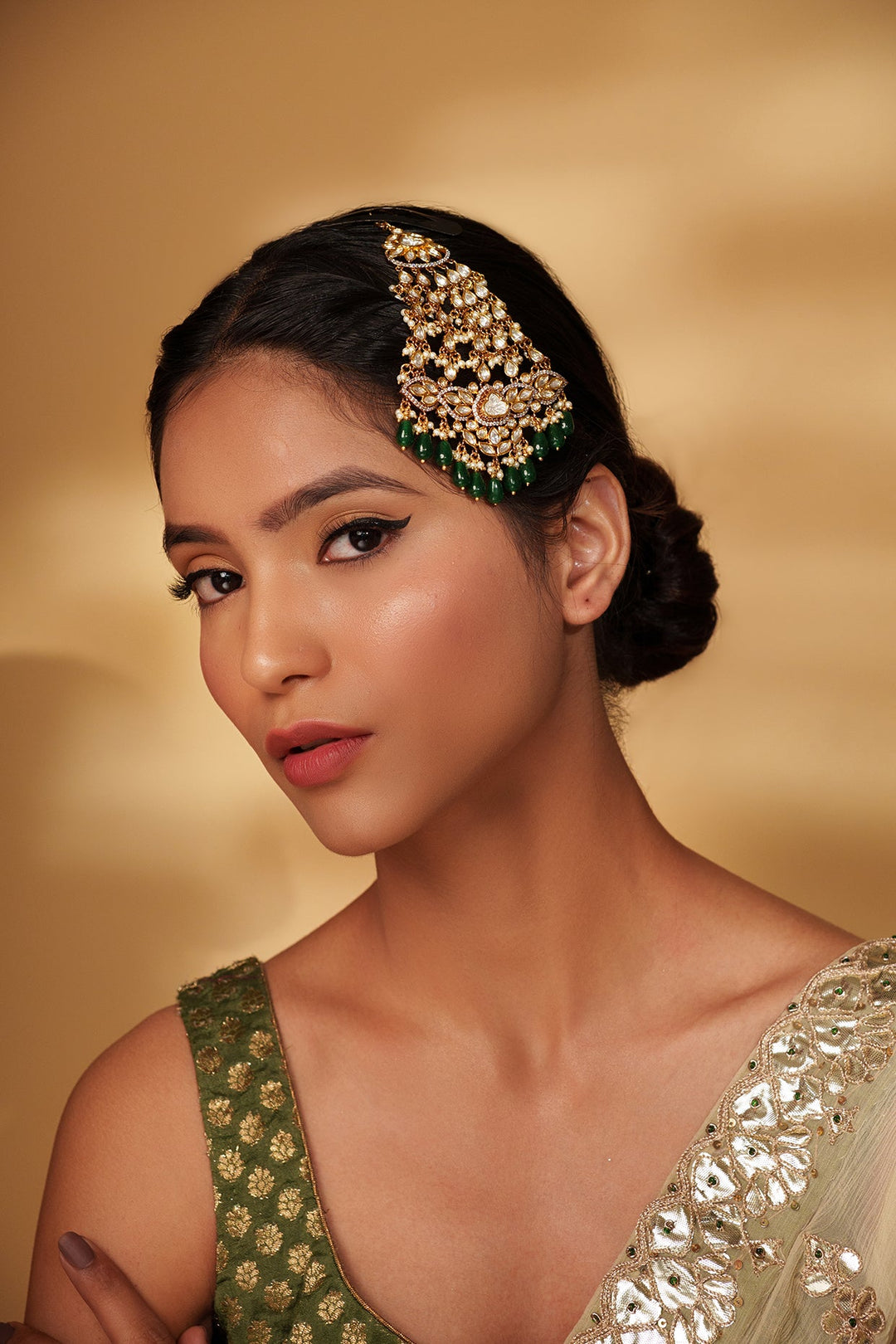 Two Tone Kundan Polki Passa With Green Hanging Beads Zevar by Geeta - Fabilicious Fashion