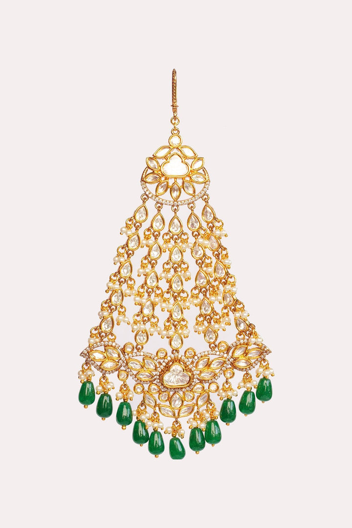 Two Tone Kundan Polki Passa With Green Hanging Beads Zevar by Geeta - Fabilicious Fashion