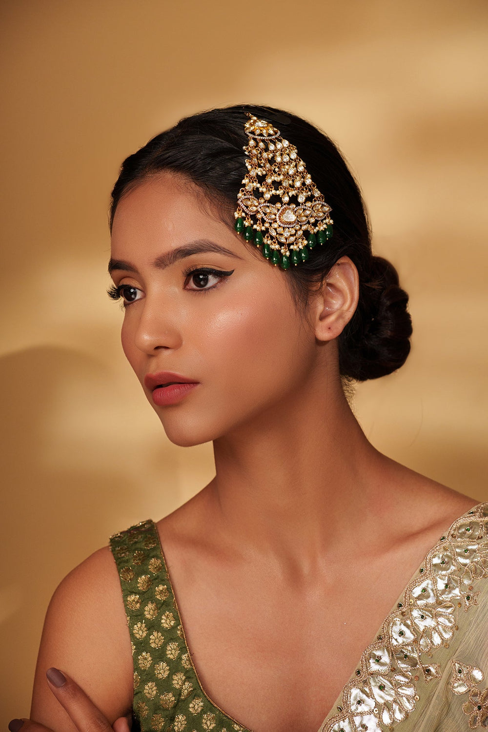 Two Tone Kundan Polki Passa With Green Hanging Beads Zevar by Geeta - Fabilicious Fashion