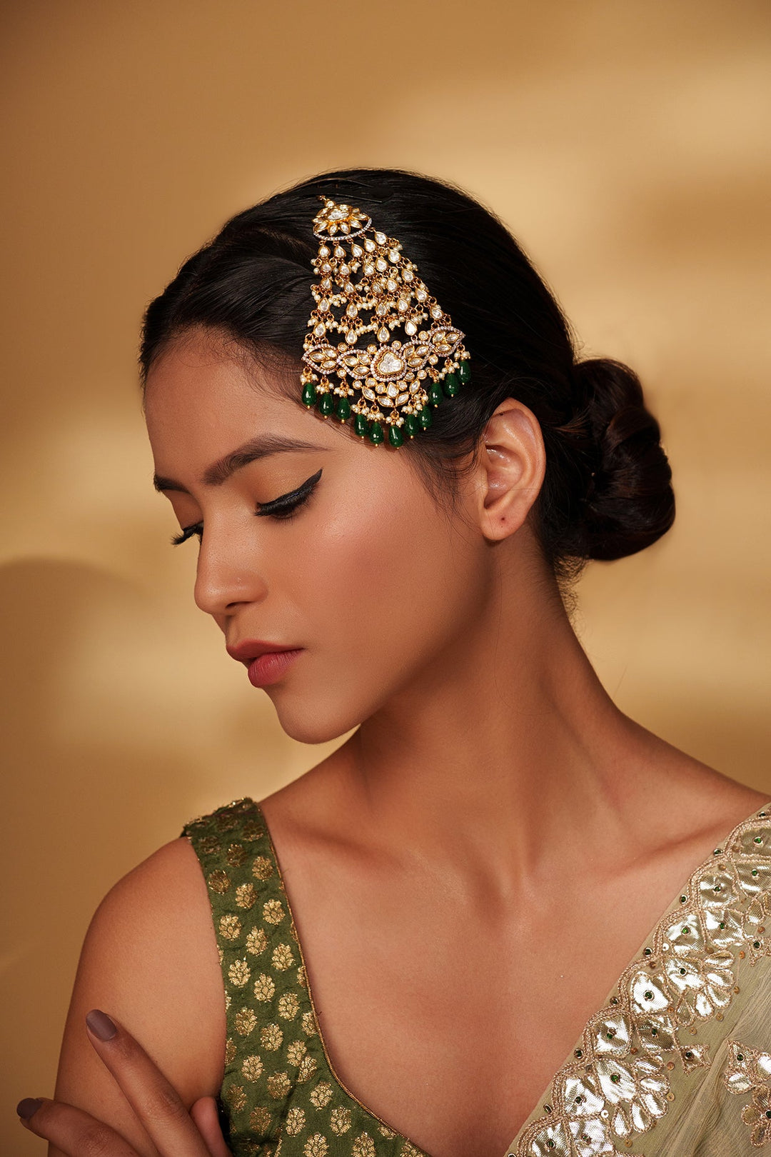 Two Tone Kundan Polki Passa With Green Hanging Beads Zevar by Geeta - Fabilicious Fashion