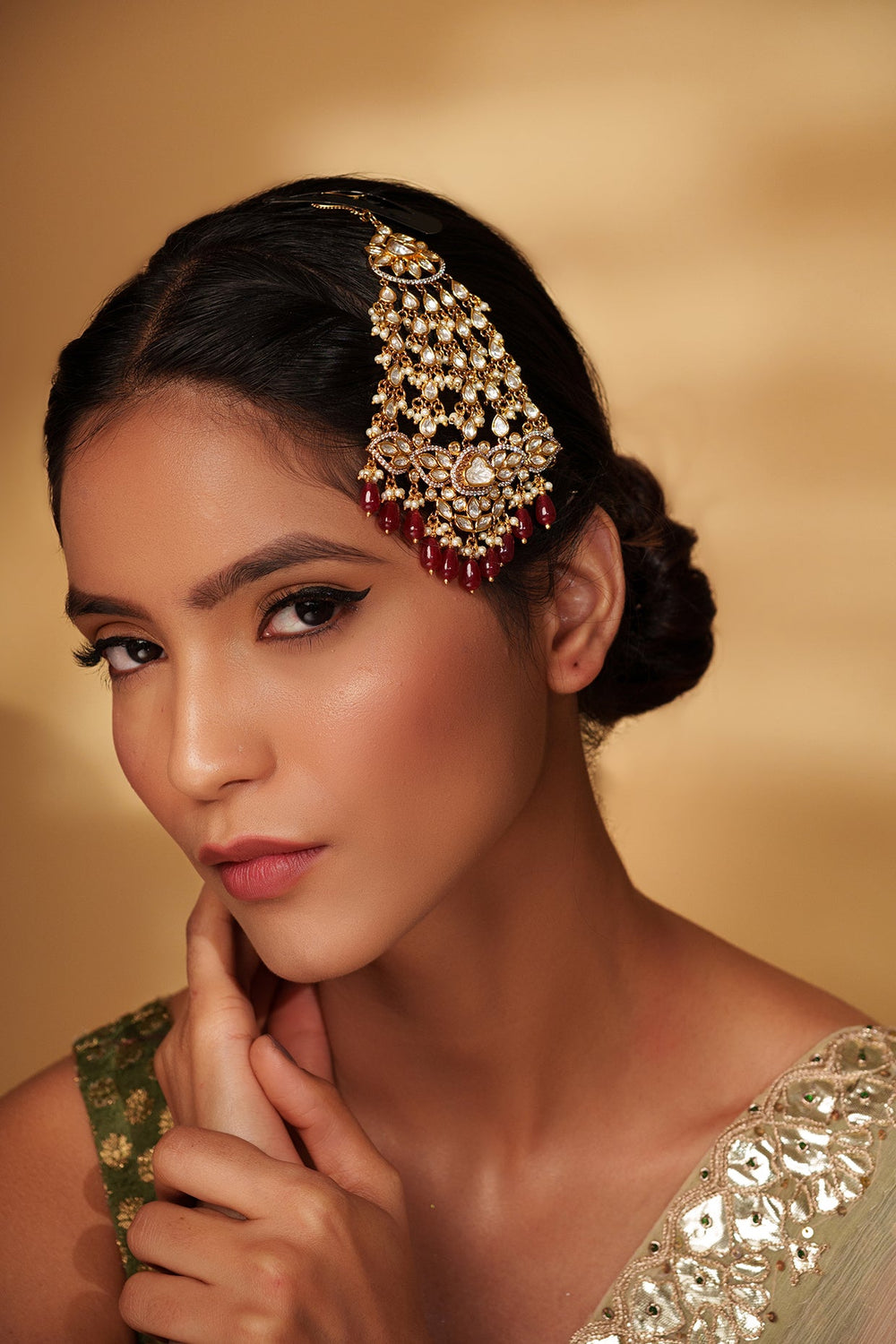 Two Tone Kundan Polki Passa With Red Hanging Beads Zevar by Geeta - Fabilicious Fashion