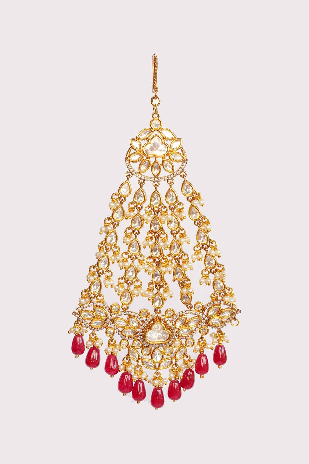 Two Tone Kundan Polki Passa With Red Hanging Beads Zevar by Geeta - Fabilicious Fashion