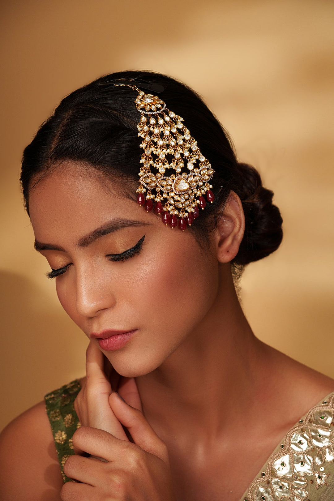 Two Tone Kundan Polki Passa With Red Hanging Beads Zevar by Geeta - Fabilicious Fashion