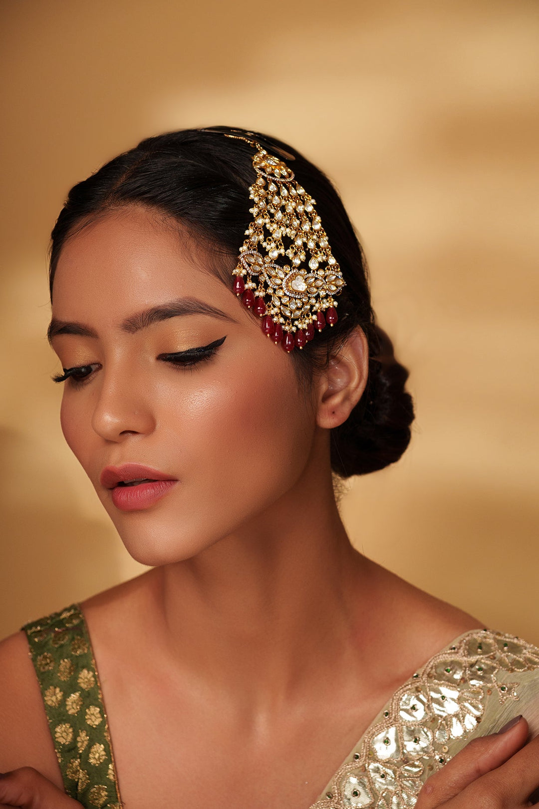Two Tone Kundan Polki Passa With Red Hanging Beads Zevar by Geeta - Fabilicious Fashion