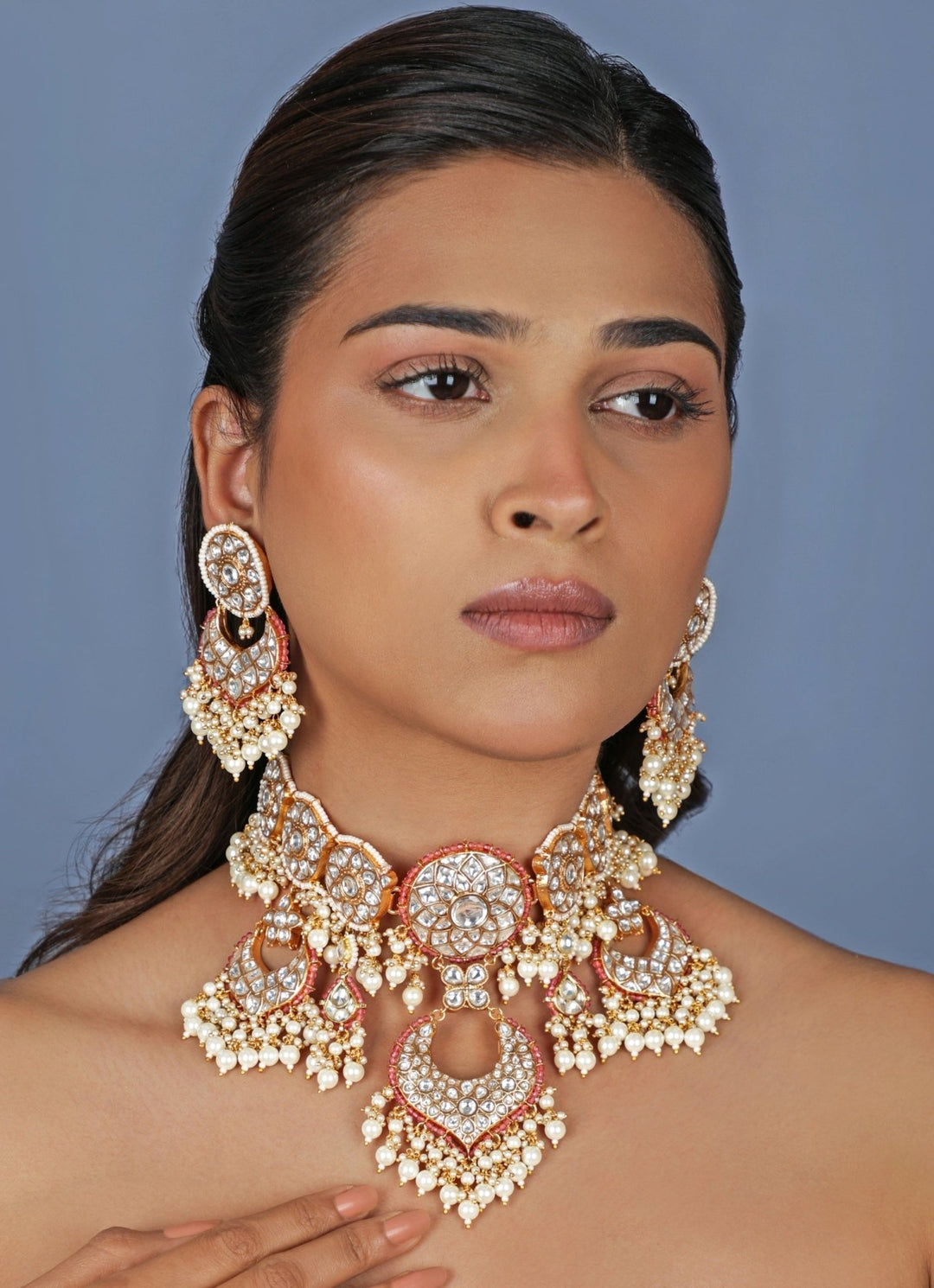 Tyaani Style Pink Stone Matte Gold Necklace Set Riana Jewellery - Fabilicious Fashion