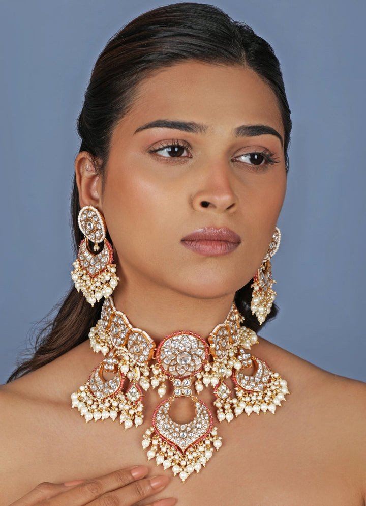 Tyaani Style Pink Stone Matte Gold Necklace Set Riana Jewellery - Fabilicious Fashion