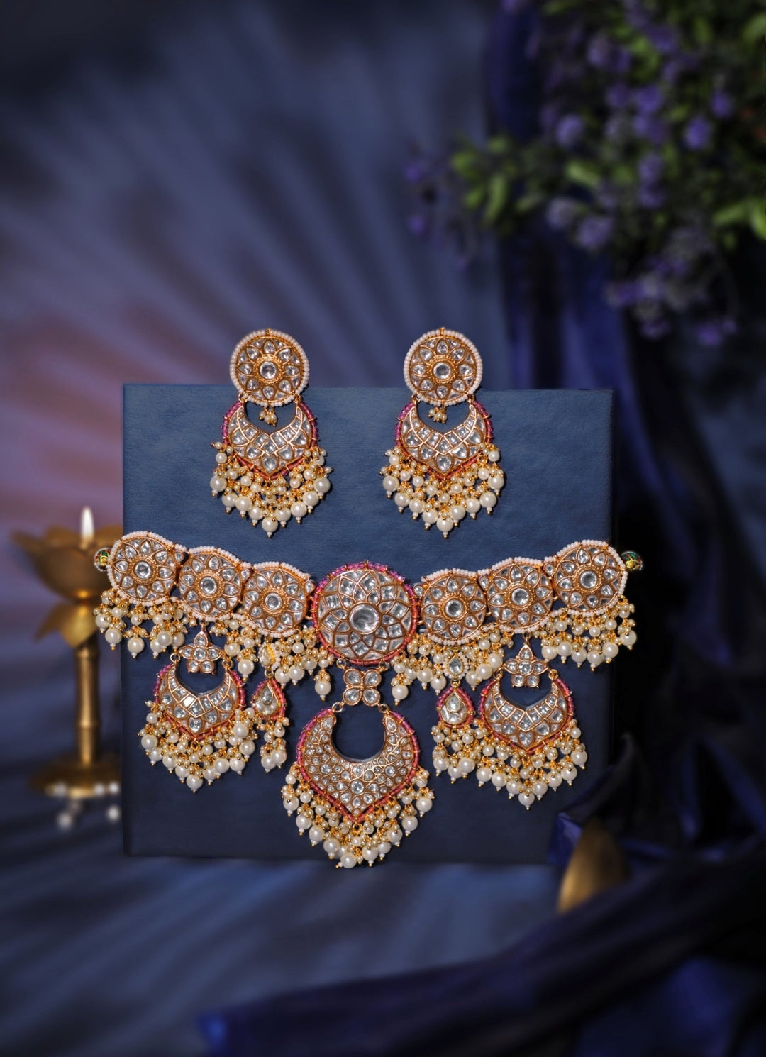 Tyaani Style Pink Stone Matte Gold Necklace Set Riana Jewellery - Fabilicious Fashion