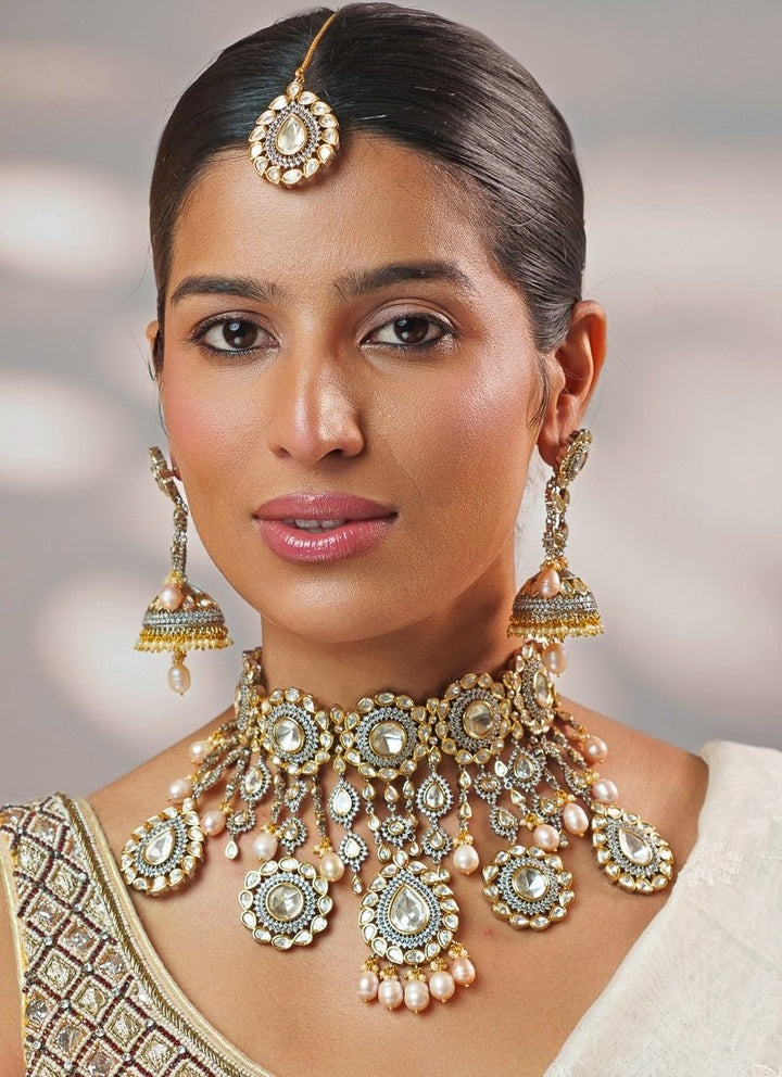 Uncut Polki Kundan Gold Necklace Set Zevar by Geeta - Fabilicious Fashion