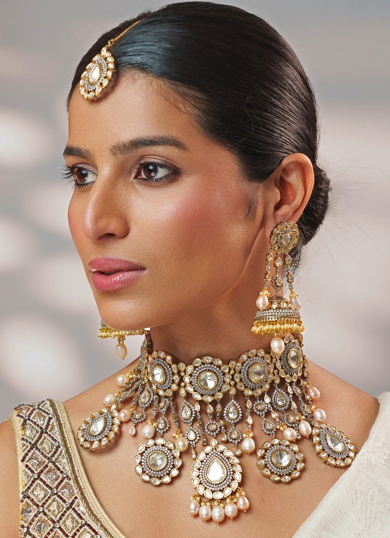 Uncut Polki Kundan Gold Necklace Set Zevar by Geeta - Fabilicious Fashion