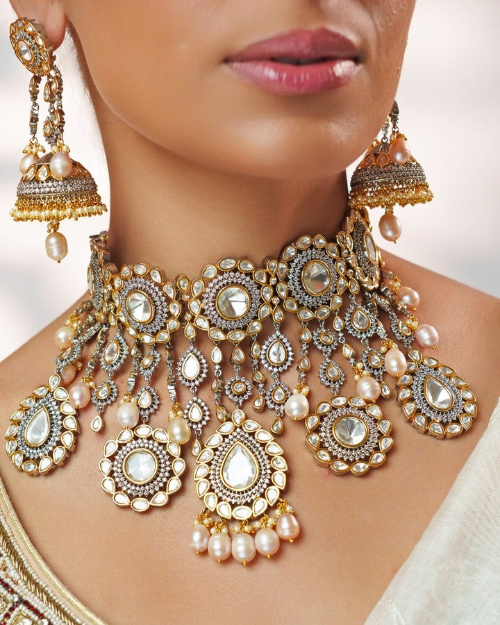 Uncut Polki Kundan Gold Necklace Set Zevar by Geeta - Fabilicious Fashion
