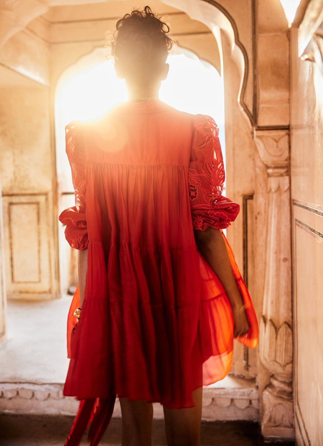 red silk organza dress LOOK 8 Dress in carmine red sequined lace, cut with an asymmetric godet hem that moves fluidly around the body, finished with a silk organza flower framing the neck. @caasisera #hautecouture