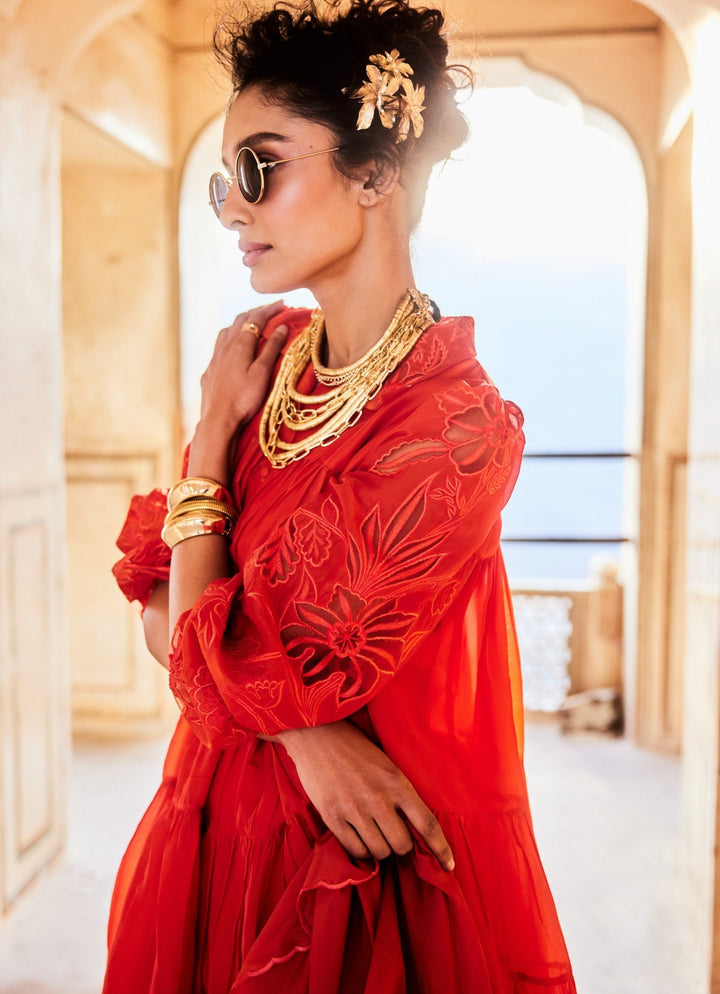 Vermilion Red Silk Organza Dress Paulmi and Harsh - Fabilicious Fashion