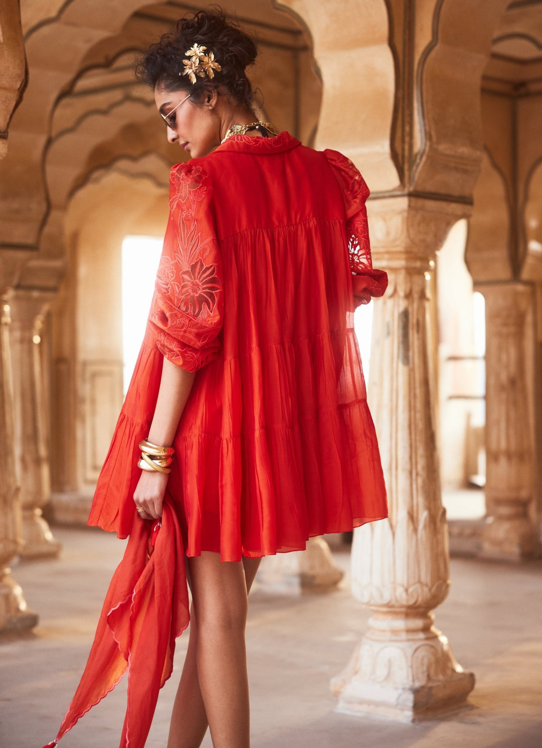 Vermilion Red Silk Organza Dress Paulmi and Harsh - Fabilicious Fashion