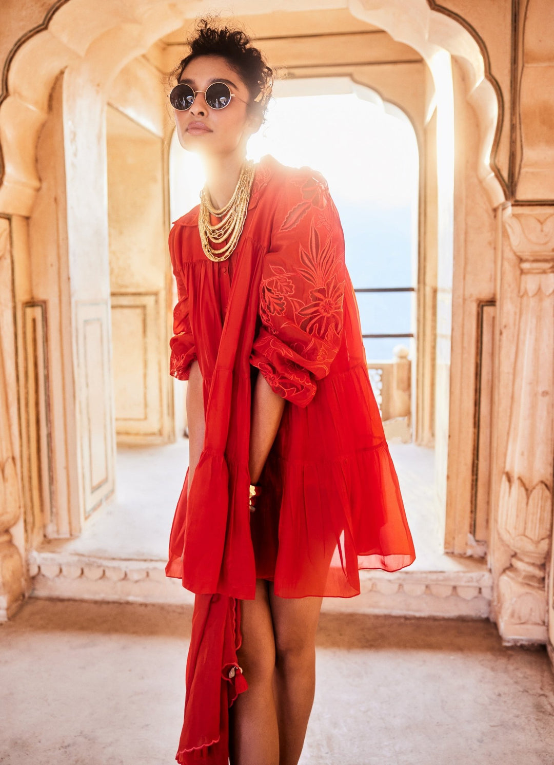 Vermilion Red Silk Organza Dress Paulmi and Harsh - Fabilicious Fashion
