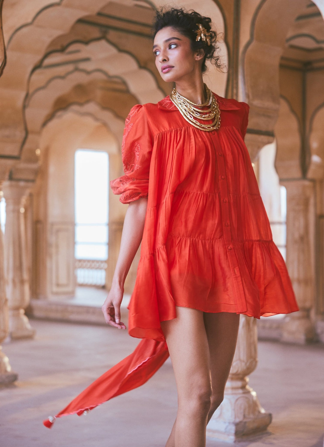 Vermilion Red Silk Organza Dress Paulmi and Harsh - Fabilicious Fashion