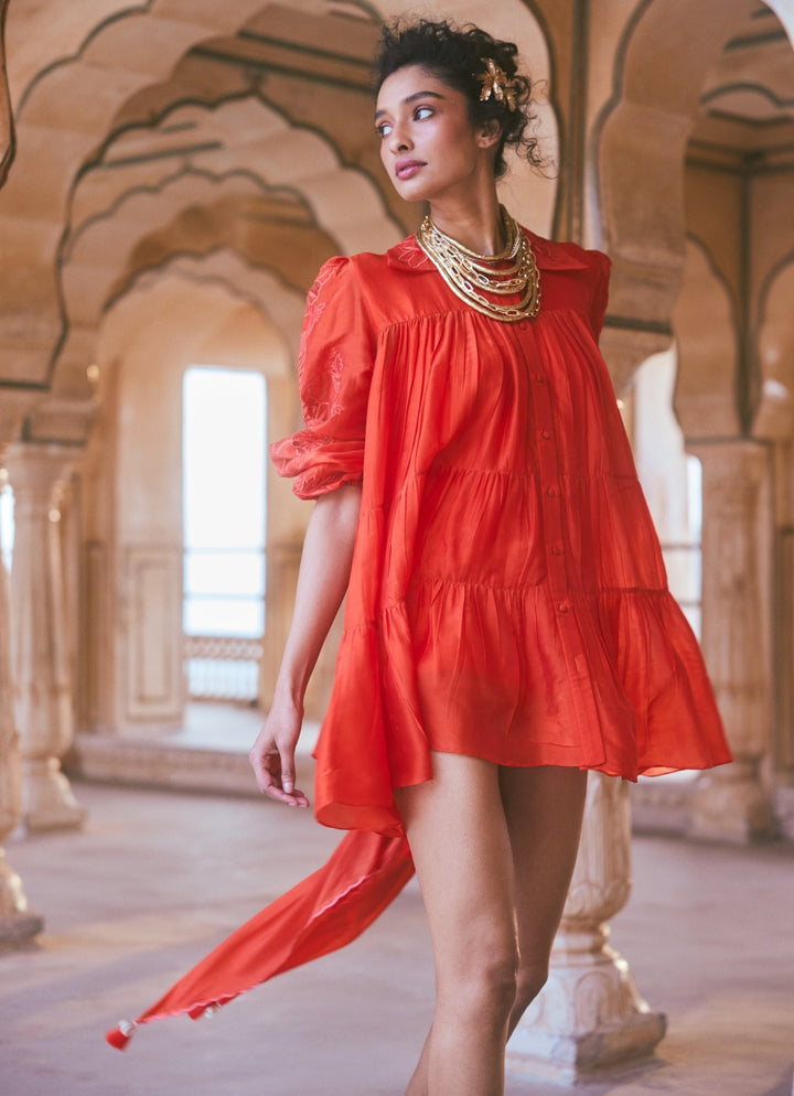 Vermilion Red Silk Organza Dress Paulmi and Harsh - Fabilicious Fashion