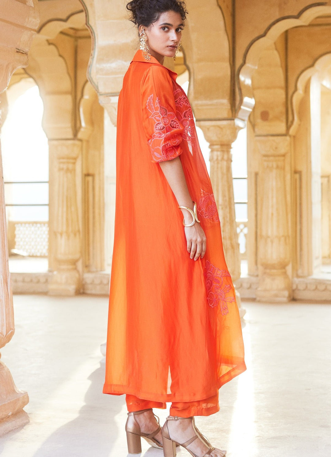 Vermilion Red Silk Organza Pant Set With Jacket Paulmi and Harsh - Fabilicious Fashion