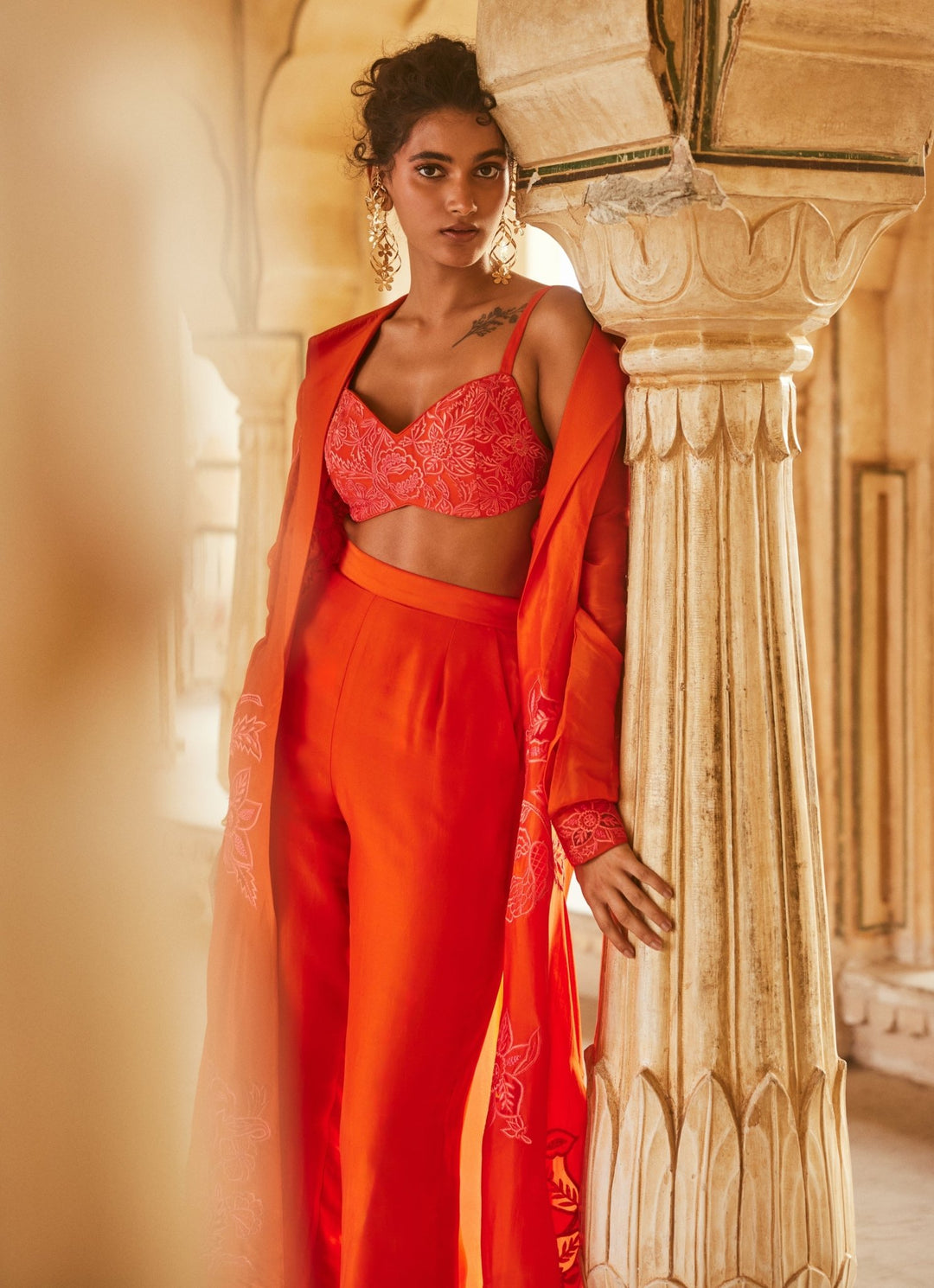 Vermilion Red Silk Organza Pant Set With Jacket Paulmi and Harsh - Fabilicious Fashion