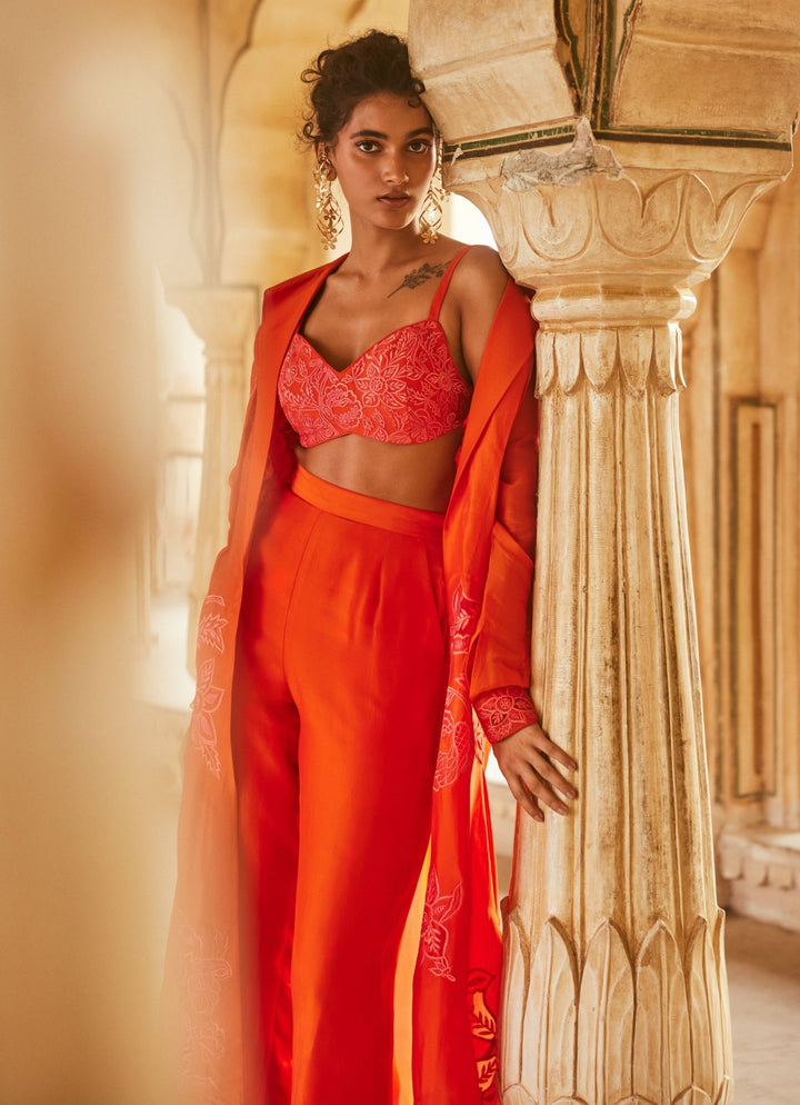 Vermilion Red Silk Organza Pant Set With Jacket Paulmi and Harsh - Fabilicious Fashion