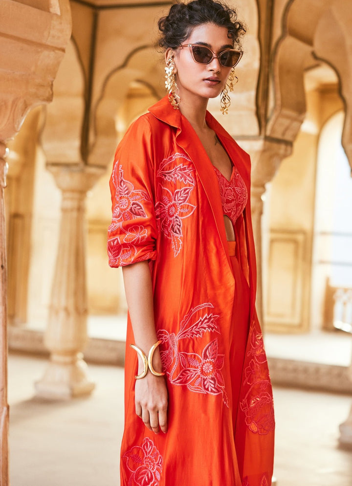 Vermilion Red Silk Organza Pant Set With Jacket Paulmi and Harsh - Fabilicious Fashion