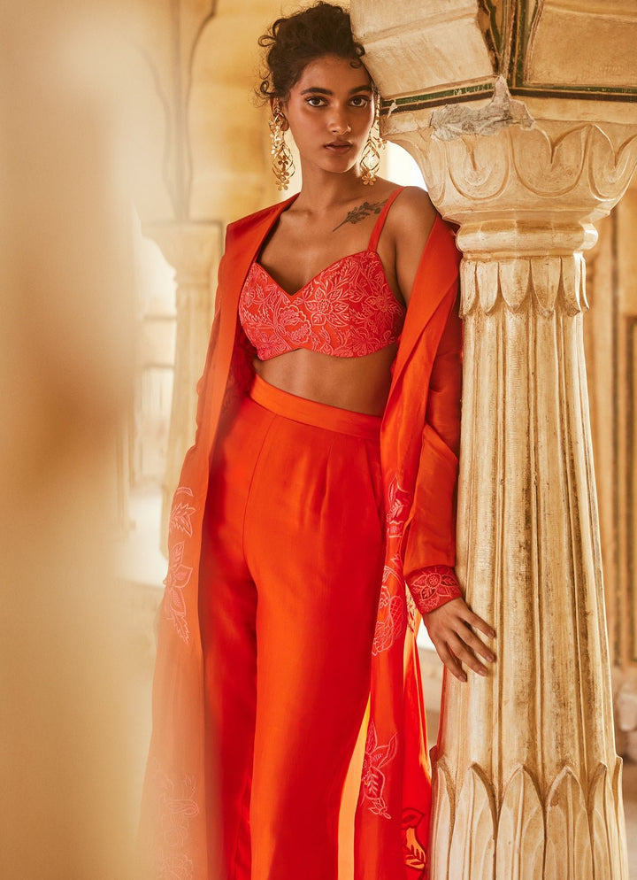 Vermilion Red Silk Organza Pant Set With Jacket Paulmi and Harsh - Fabilicious Fashion