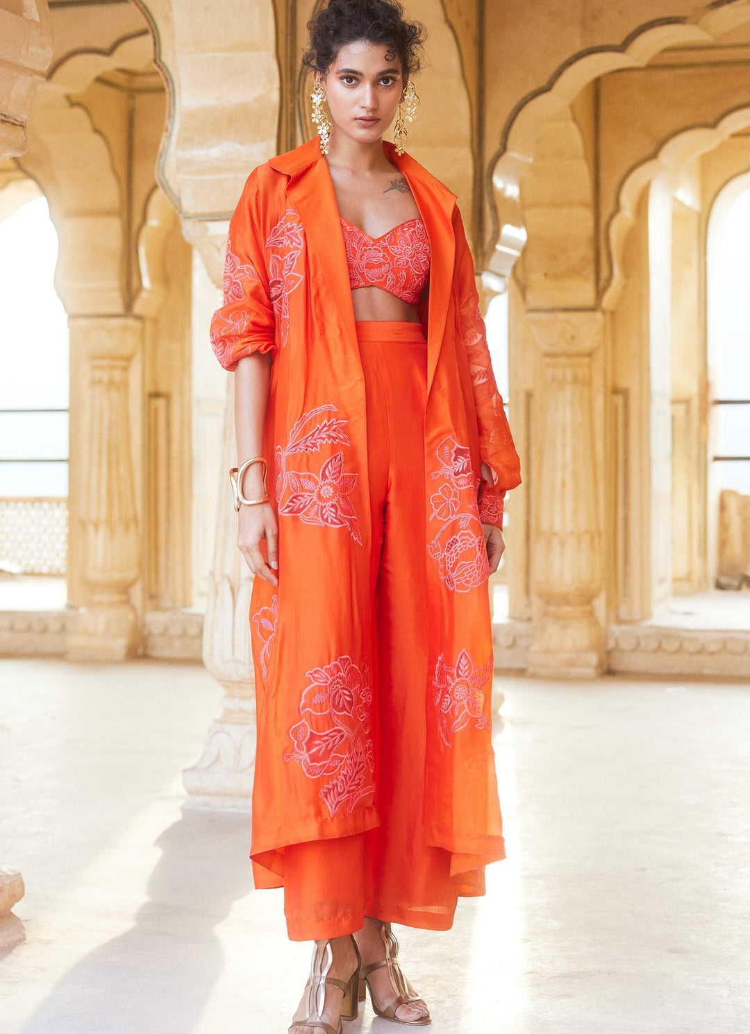 Vermilion Red Silk Organza Pant Set With Jacket Paulmi and Harsh - Fabilicious Fashion