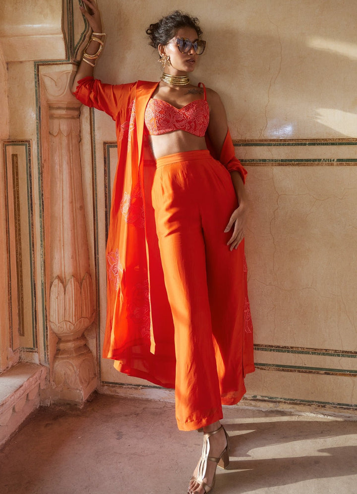 Vermilion Red Silk Organza Pant Set With Jacket Paulmi and Harsh - Fabilicious Fashion