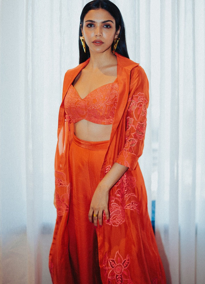Vermilion Red Silk Organza Pant Set With Jacket Paulmi and Harsh - Fabilicious Fashion