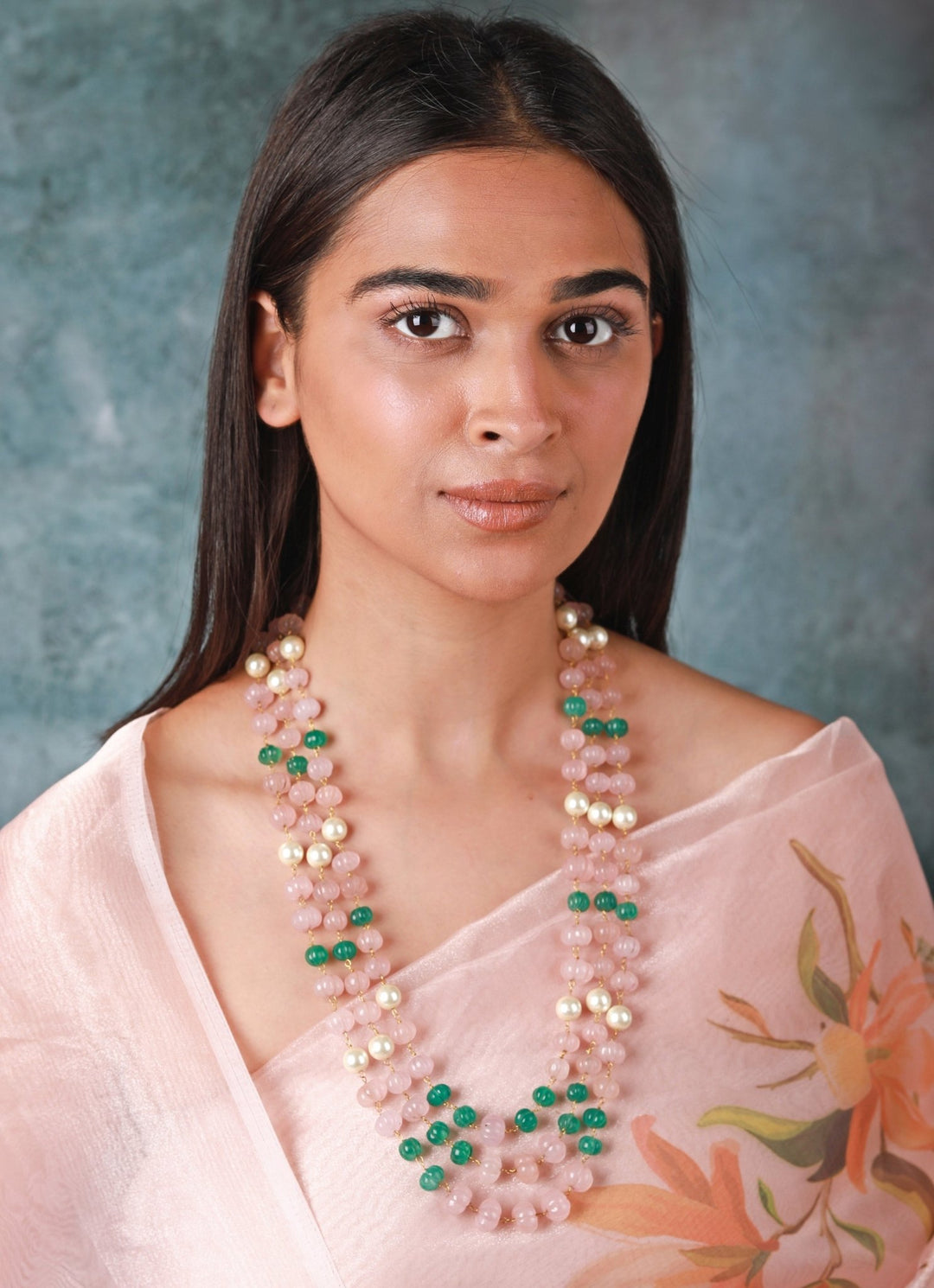 Vintage Rose Quartz And Jade Beaded Maala Riana by Shikha Jindal - Fabilicious Fashion