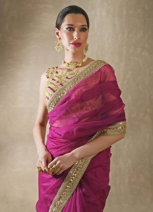 Pomegranate Organza Saree With Mirror Work Blouse