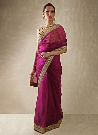 Pomegranate Organza Saree With Mirror Work Blouse