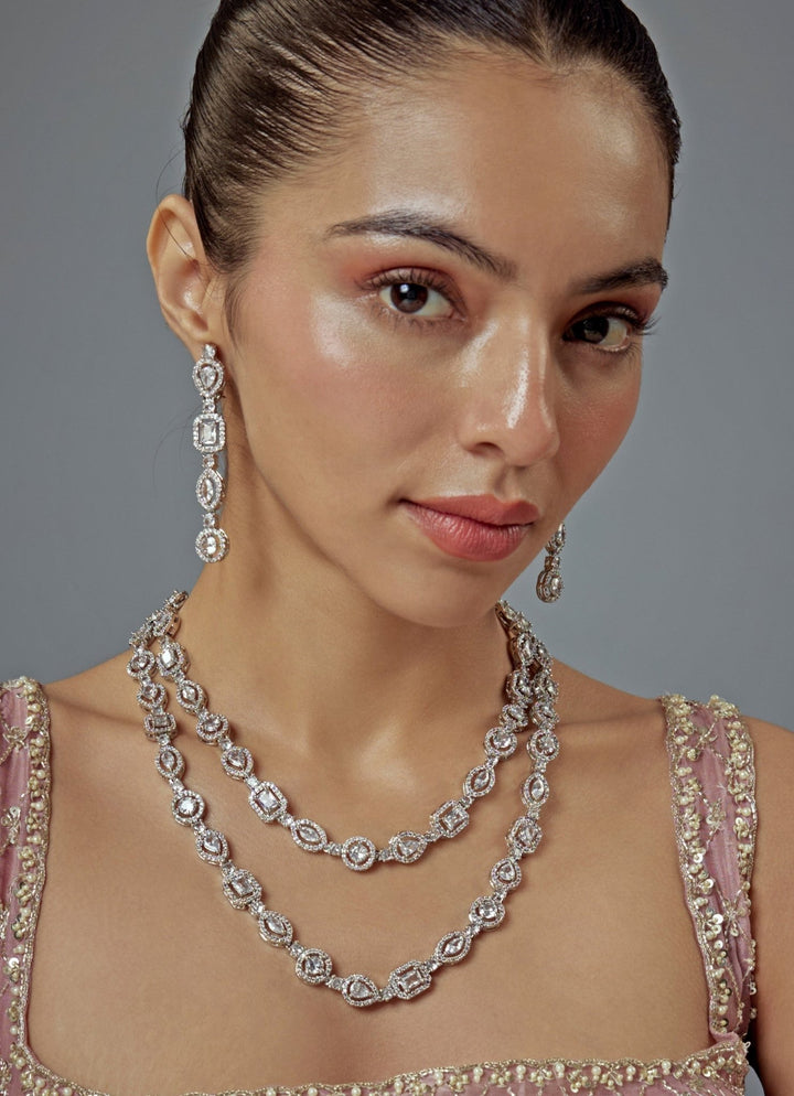 Silver Plated Zircon Double Layered Long Necklace Set
