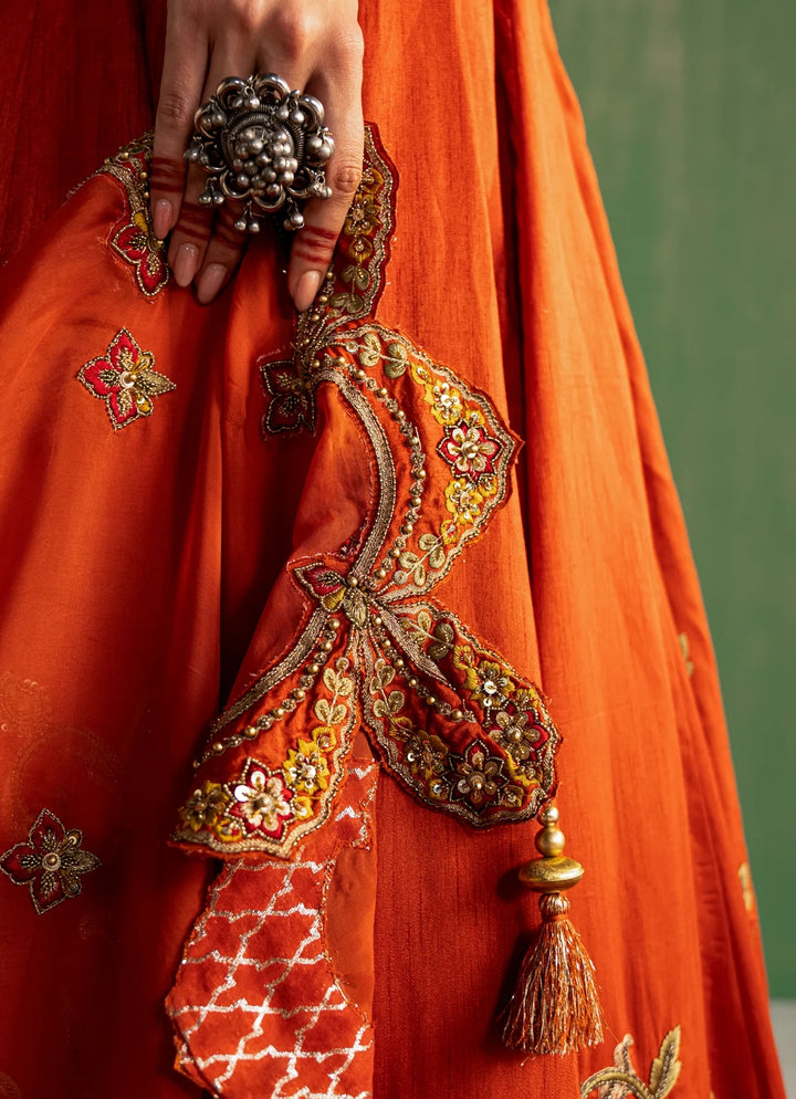 Rust Orange Embroidered Corset Silk Lehenga