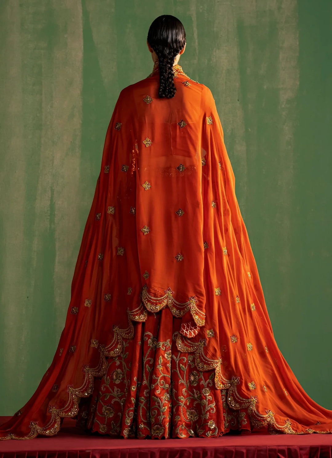 Rust Orange Embroidered Corset Silk Lehenga