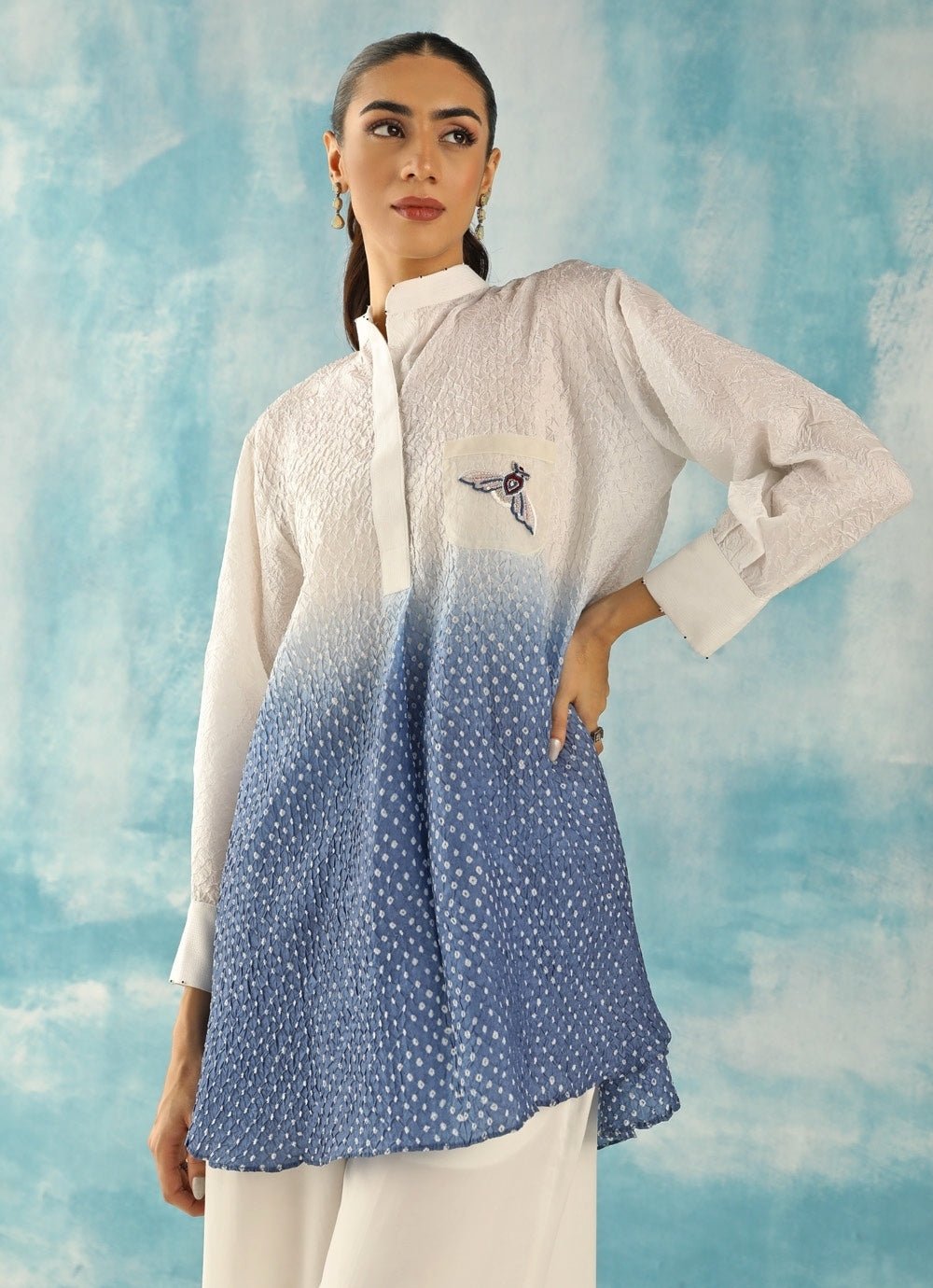 Twenty Nine White And Blue Bandhani Ombre Shirt With PalazzoFabilicious Fashion