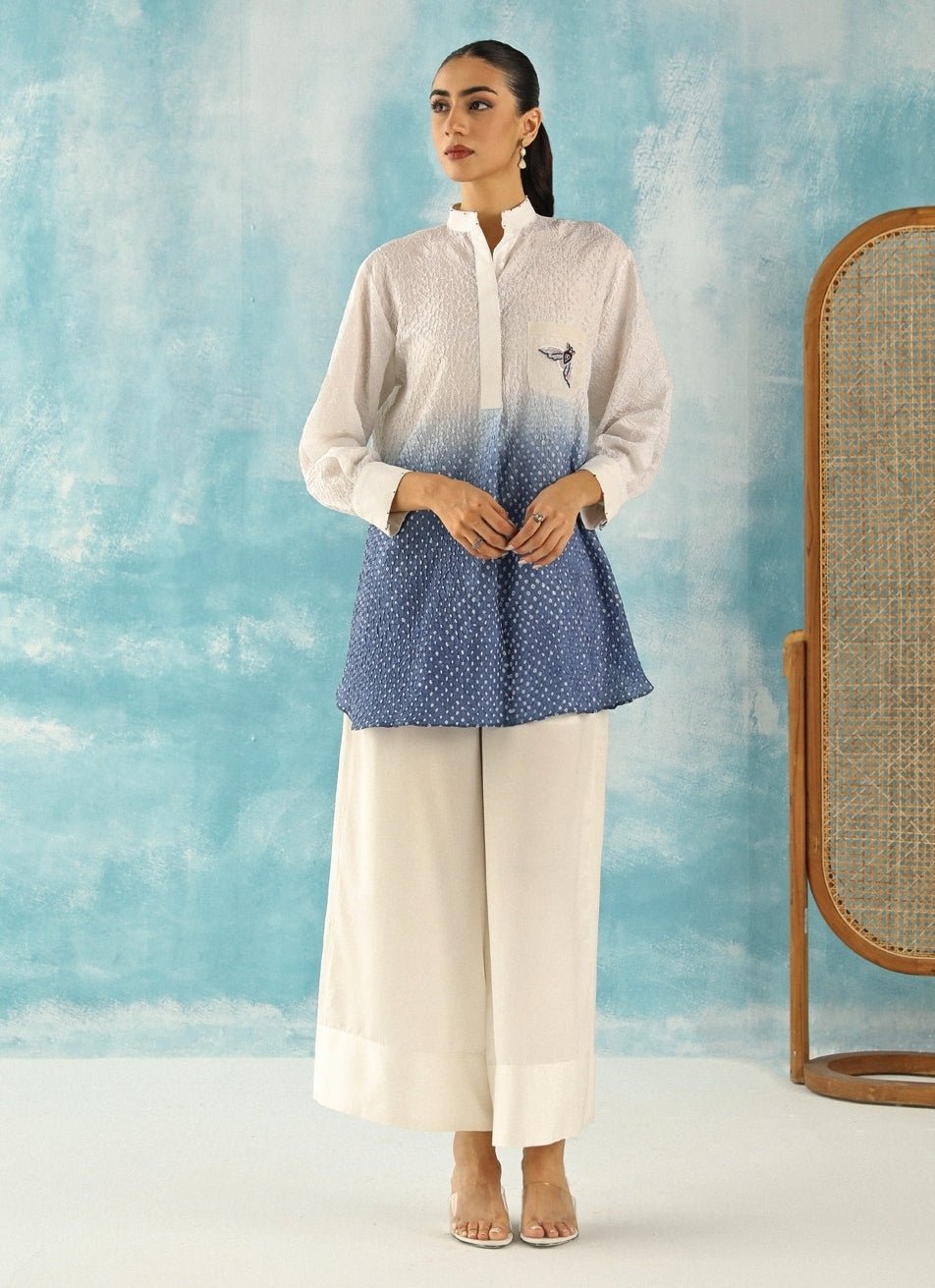 Twenty Nine White And Blue Bandhani Ombre Shirt With PalazzoFabilicious Fashion