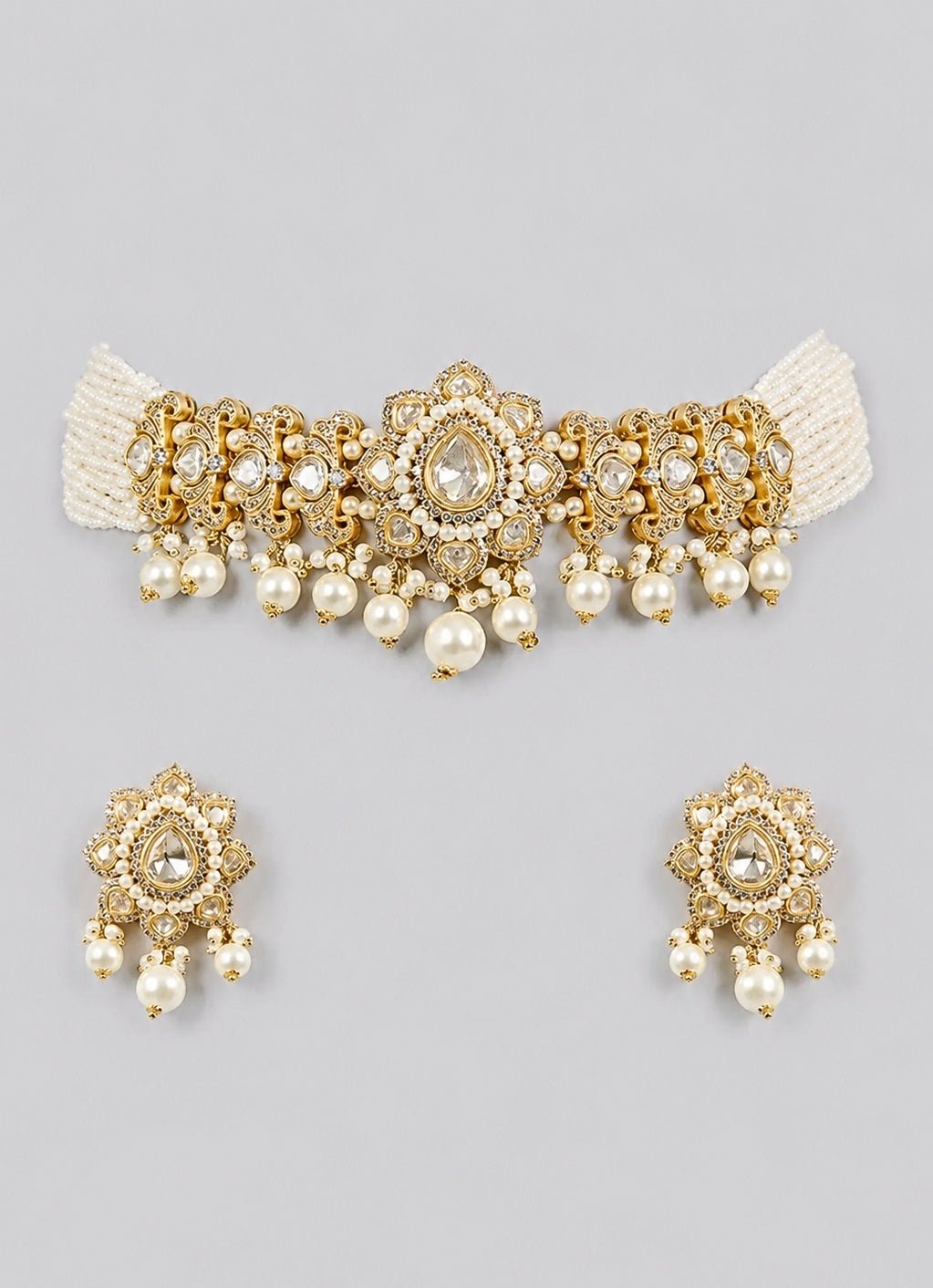 Zevar by Geeta White And Gold Pearl And Polki Choker SetFabilicious Fashion