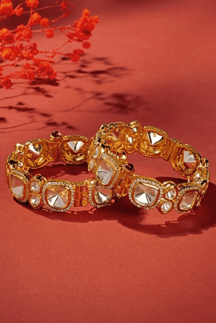 White and Gold Polki Diamond Kadas Zevar by Geeta - Fabilicious Fashion