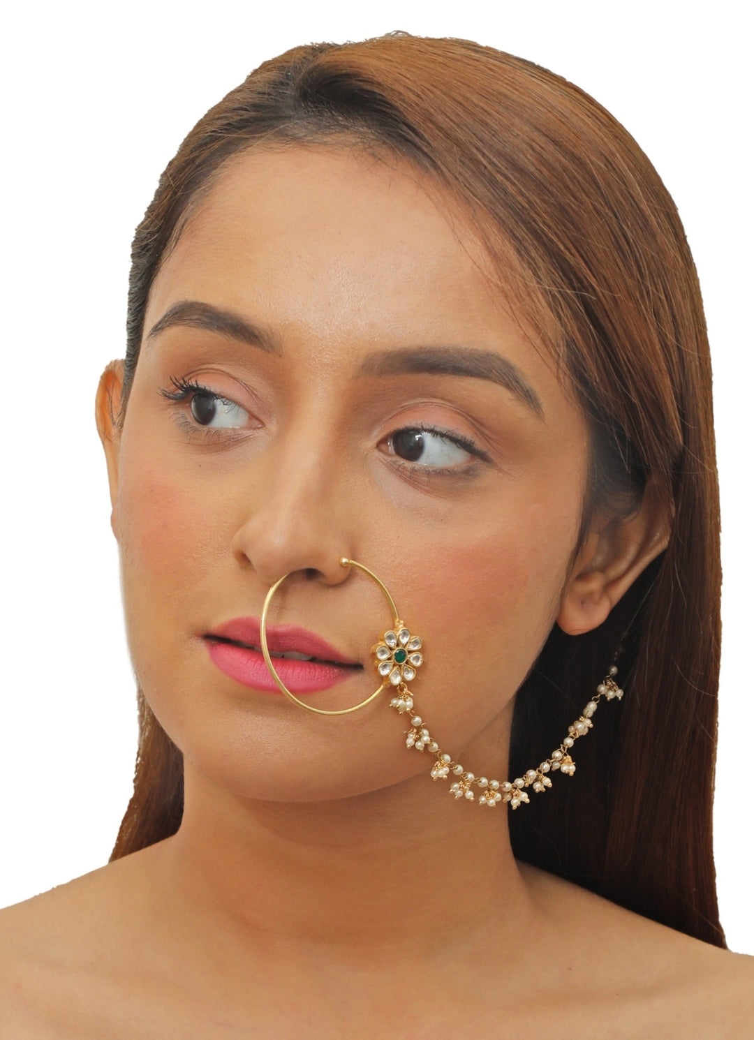 White And Green Floral Nath Riana Jewellery - Fabilicious Fashion