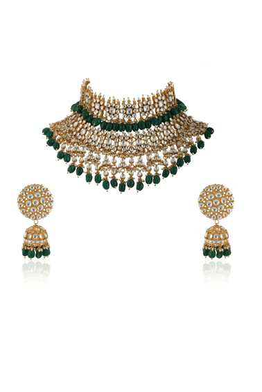 White And Green Jadtar Stone 2 Line Choker Bridal Set With Jhumki Earrings Riana by Shikha Jindal - Fabilicious Fashion