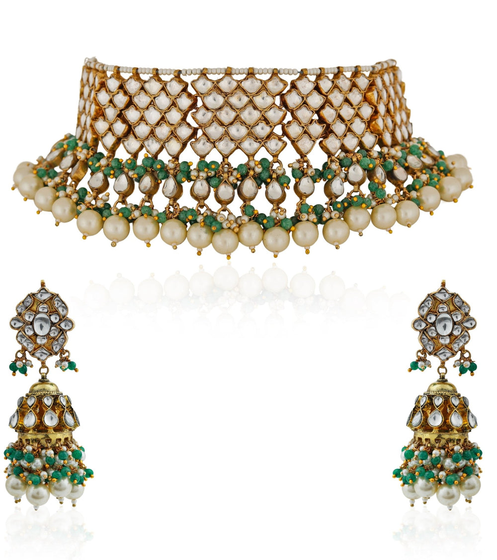 White and Green Stone Jadau Choker Set Riana by Shikha Jindal - Fabilicious Fashion