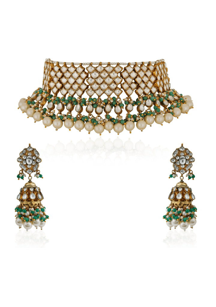 White And Green Stone Jadau Choker Set Riana Jewellery - Fabilicious Fashion