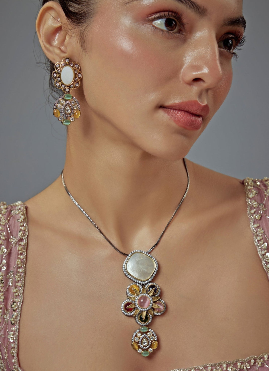 White And Multi Beaded Contemporary Short Necklace Set Vivinia by Vidhi Mehra - Fabilicious Fashion