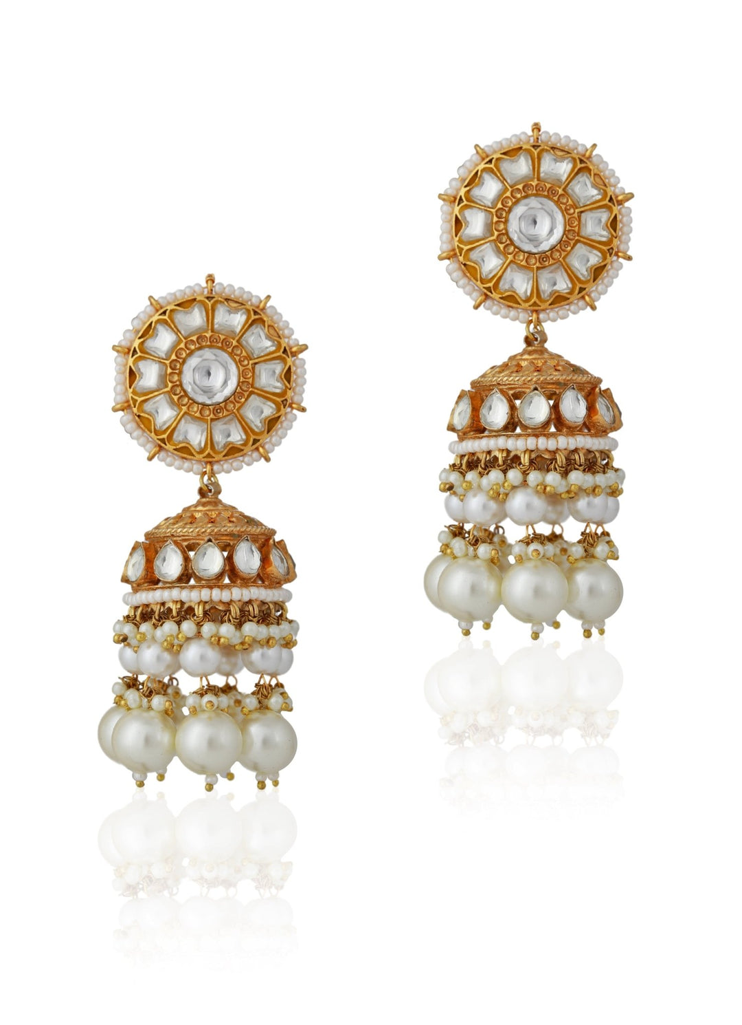 White and Pearl Gold Plated Jhumka Earrings Riana by Shikha Jindal - Fabilicious Fashion