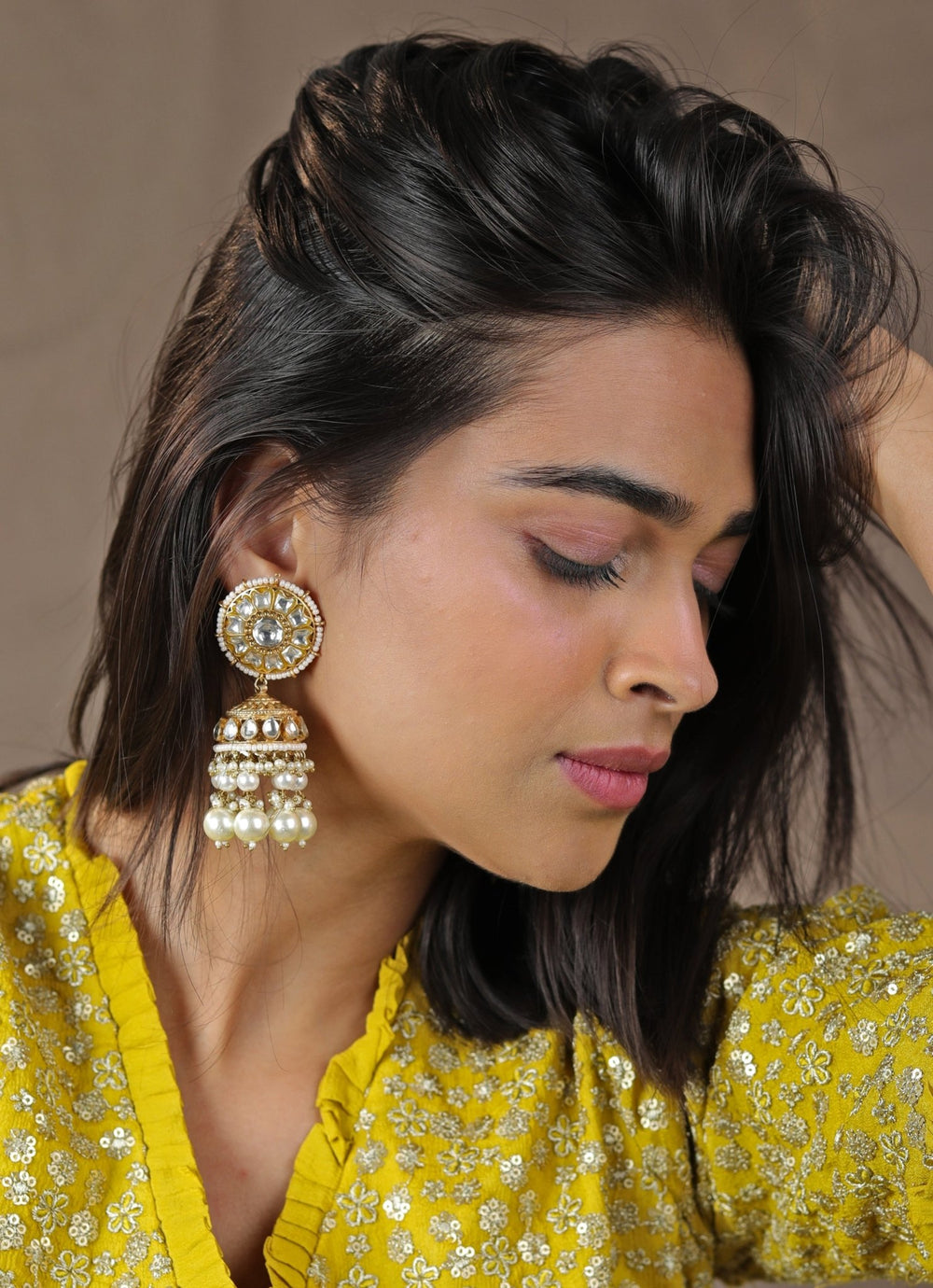 White and Pearl Gold Plated Jhumka Earrings Riana by Shikha Jindal - Fabilicious Fashion