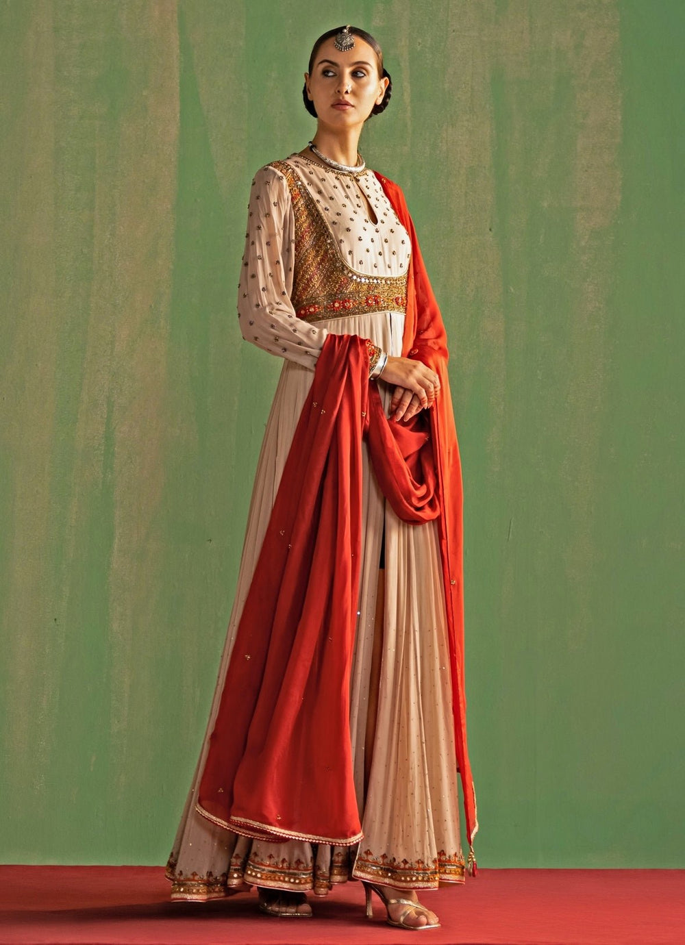 White And Pink Embroidered Georgette Anarkali Set Studio Bagechaa - Fabilicious Fashion