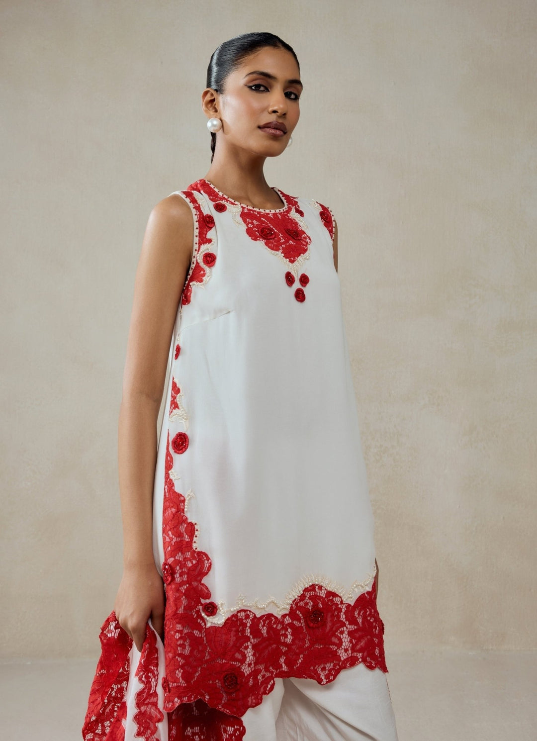 White And Red Georgette Kurta Pants Set Nitika Gujral - Fabilicious Fashion